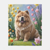 チャウチャウ 犬 春の花 絵画 フリースブランケット (正面)