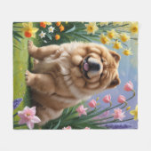 チャウチャウ 犬 春の花 絵画 フリースブランケット (正面(横))