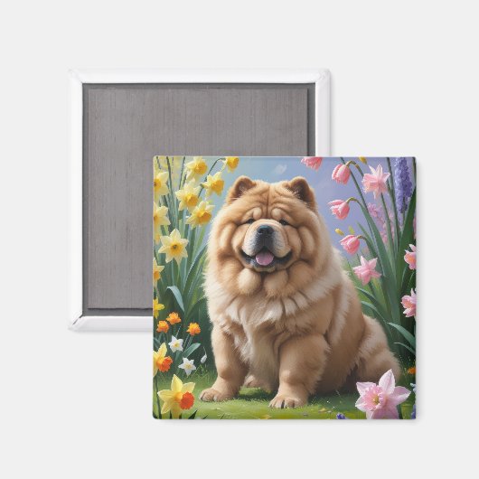 チャウチャウ 犬 春の花 絵画 マグネット (正面/裏面)