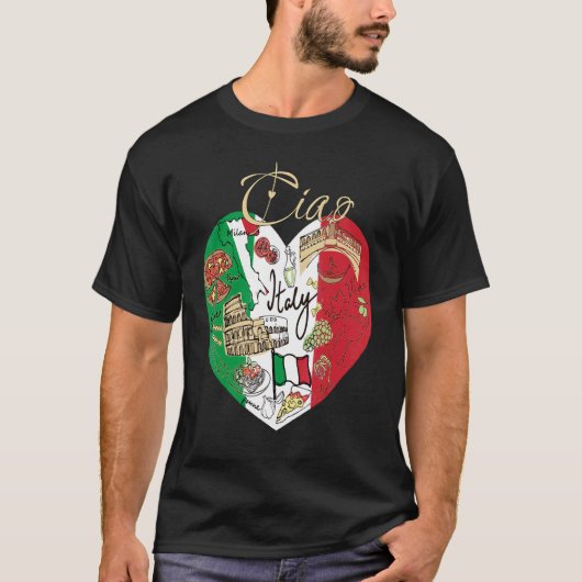 チャオイタリアかわいいイタリア国旗のハートカッコいいデジタル Tシャツ (正面)