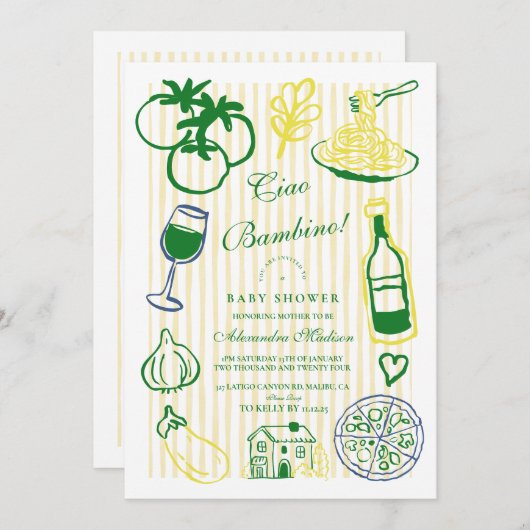 チャオバンビノイエローストライプベビーシャワー 招待状 (正面/裏面)