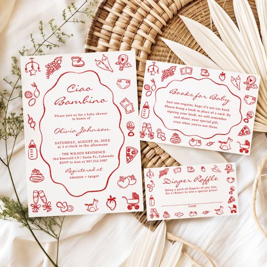 チャオバンビノイタリアンビ図解入りの、写真付きのーベビーシャワー 招待状