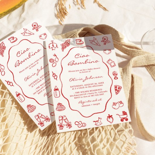チャオバンビノイタリアンビ図解入りの、写真付きのーベビーシャワー 招待状
