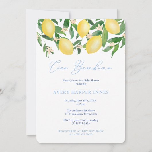 チャオバンビノイタリアンレモンズボーイ赤ちゃんシャワーパーティー 招待状 (正面)