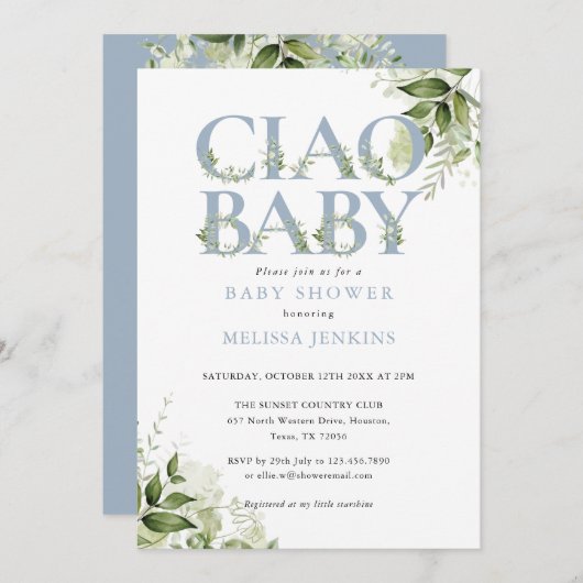 チャオベビーほこりっぽい青いフローラすべて1つの赤ちゃんシャワー 招待状 (正面/裏面)
