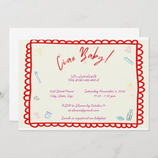 チャオベビーイタリアンをテーマにしたシャワー招待状 招待状 (正面/裏面)