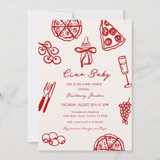 チャオベビーイタリアンピザをテーマにした赤ちゃんシャワー 招待状 (正面)