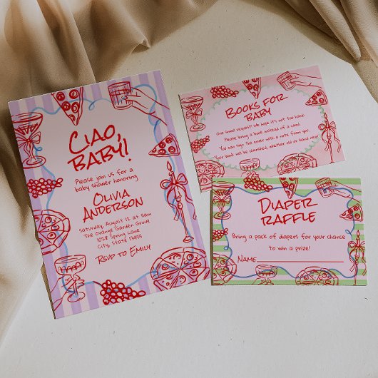 チャオベビーハンドドローピザイタリアンおもしろい赤ちゃんシャワー 招待状