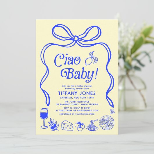 チャオベビーブルーイエローレモンイタリアンベビーシャワー 招待状 (スタンド正面)