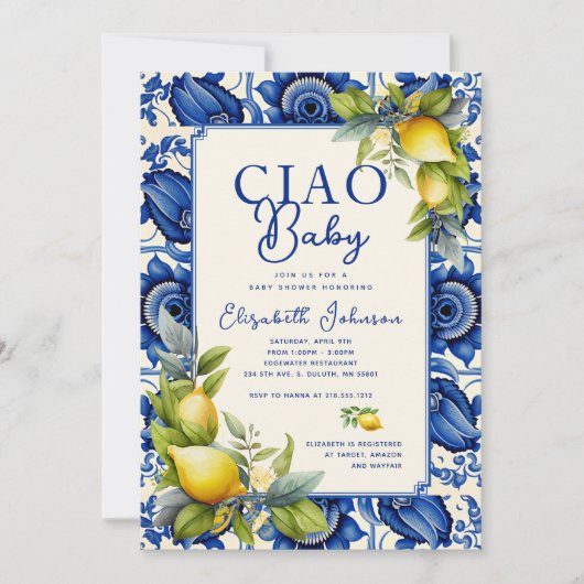 チャオベビーブルータイルイエローレモン赤ちゃんシャワー 招待状 (正面)