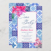 チャオベビーブルータイルフローラガールベビーシャワー 招待状 (正面/裏面)