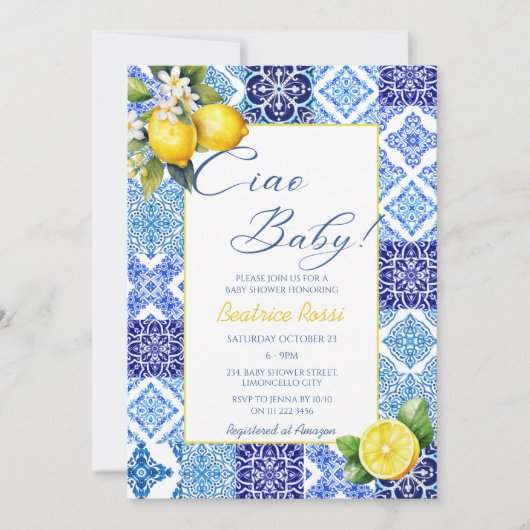 チャオベビーレモンブルータイルイタリアン赤ちゃんシャワー 招待状 (正面)