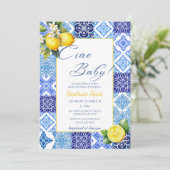 チャオベビーレモンブルータイルイタリアン赤ちゃんシャワー 招待状 (スタンド正面)