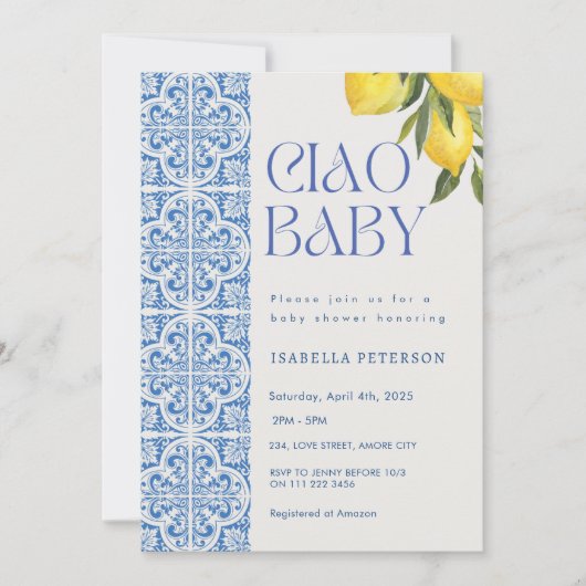 チャオベビーレモンベイタリアン地中海のビーシャワー 招待状 (正面)