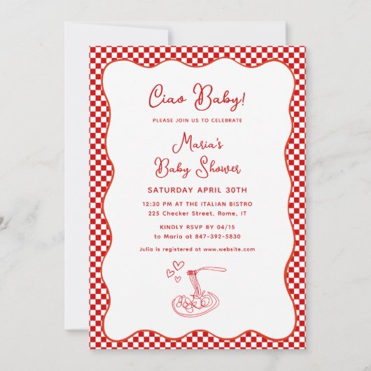 チャオベビー!赤イタリアンちゃんシャワーレッド市松模様にパスタス 招待状 (正面)