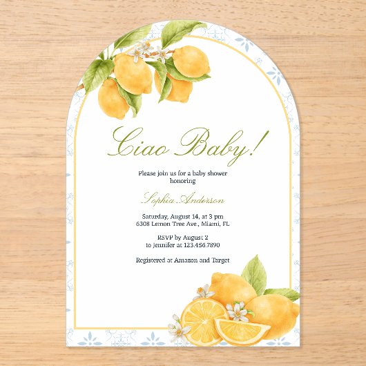 チャオ地中海のベビーイタリアンレモンベイビーシャワー アクリル招待状 (正面)