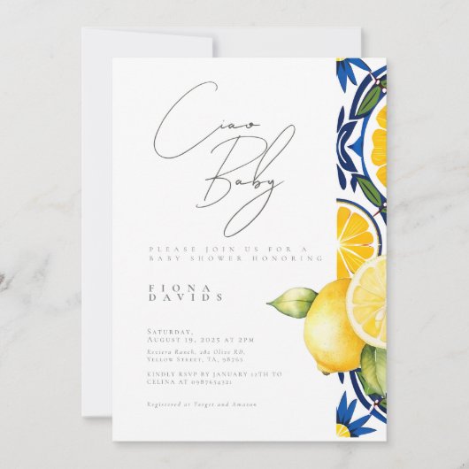 チャオ赤ちゃんシャワーレモンをテーマにしたシャワー 招待状 (正面)