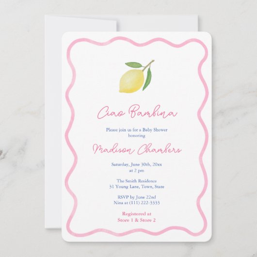 チャオ鮮やかバンビナピンクシトラスガールベビーシャワー 招待状 (正面)