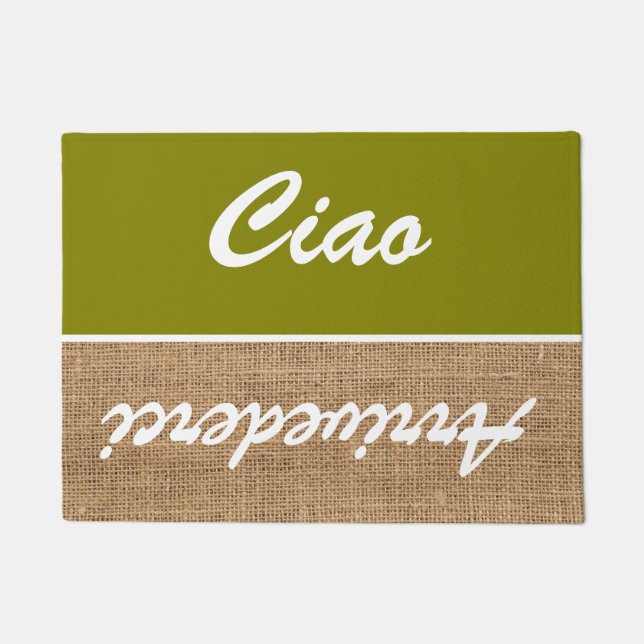 チャオ – olive- burlap rustic Doormat ドアマット (正面)