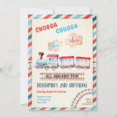 チャガチョオヴィンテージトレインボーイレッドブルー誕生日 招待状 (正面)