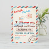 チャガチョオヴィンテージトレインボーイレッドブルー誕生日 招待状 (スタンド正面)