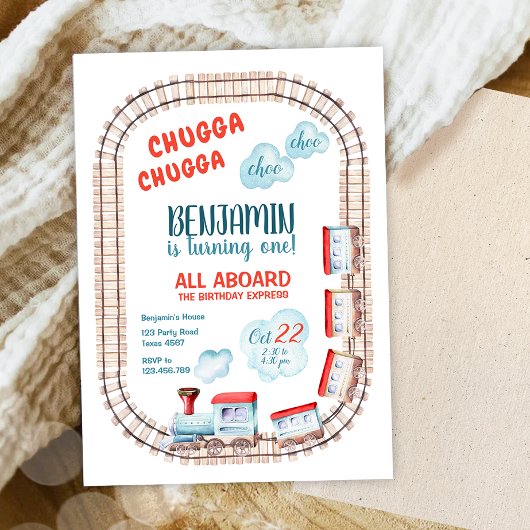 チャガトレインチョオボーイレッドブルー誕生日レール 招待状