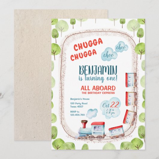 チャガトレインチョオボーイレッドブルー誕生日レール 招待状 (正面/裏面)
