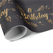 チャコールとゴールドの植物誕生日 ラッピングペーパー (ロールコーナー)