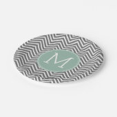 チャコールとミントグリーンのシェブロンカスタムモノグラム ペーパープレート (アングル)