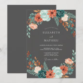 チャコールアクアの野生の花の結婚式 招待状 (正面/裏面)