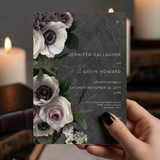 チャコールグエレガントレー結婚モダンフローラ 招待状