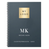 チャコールグレイのモノグラムイニシャルビジネス ノートブック (正面)