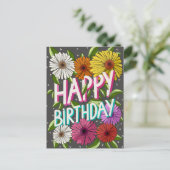 チャコールグレイの花柄 カスタマイズ 誕生日おめでとう ポストカード (スタンド正面)