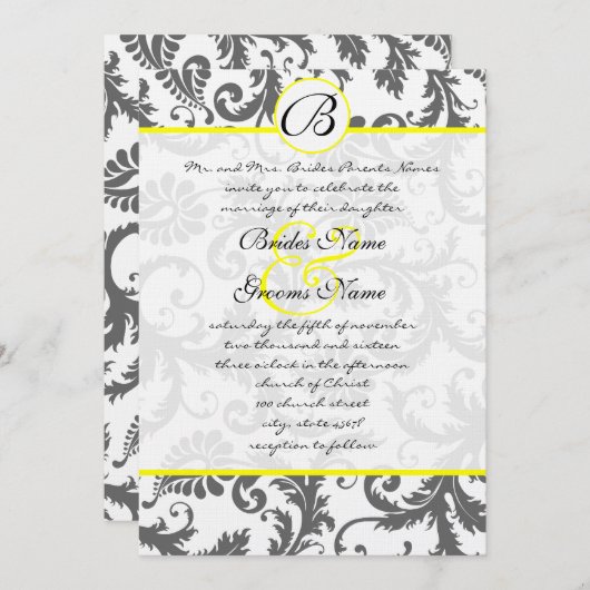 チャコールグレーとイエローの結婚式招待状 招待状 (正面/裏面)