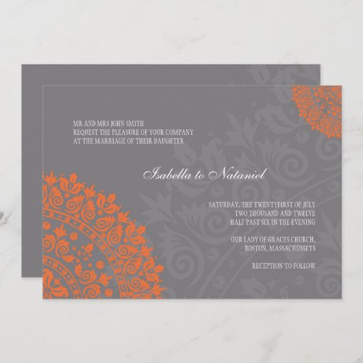 チャコールグレーとオレンジダマスコウェディング招待状 招待状 (正面/裏面)