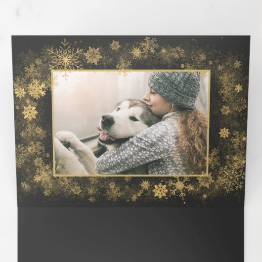 チャコールグレーとゴールドの5枚のホリデー写真 三つ折りクリスマスカード (内部最初)