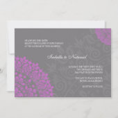 チャコールグレーとパープルダマスクウェディング招待状 招待状 (正面)