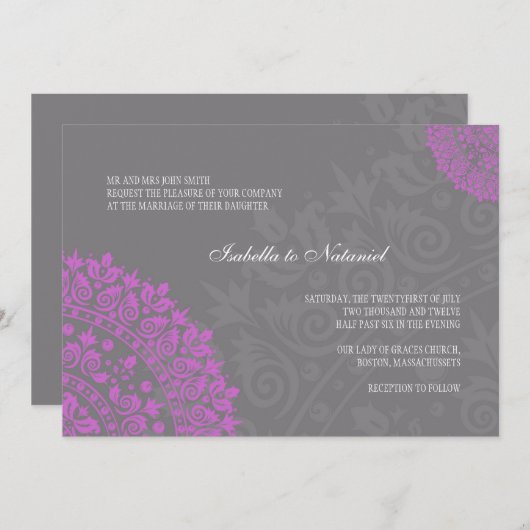 チャコールグレーとパープルダマスクウェディング招待状 招待状 (正面/裏面)
