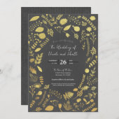 チャコールグレーと金ゴールドフローラ結婚式招待状 招待状 (正面/裏面)