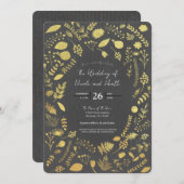 チャコールグレーと金ゴールドフローラ結婚式招待状 招待状 (正面/裏面)
