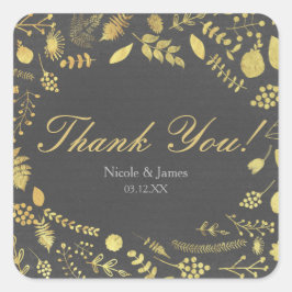 チャコールグレーと金ゴールドフローラ結婚式用シール スクエアシール
