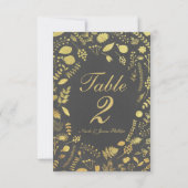 チャコールグレーと金ゴールド結婚フローラのテーブルカード 招待状 (裏面)