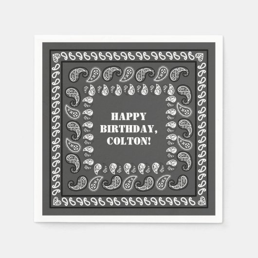 チャコールグレーウエスタンバンダナプリント誕生日パーティー スタンダードカクテルナプキン (正面)
