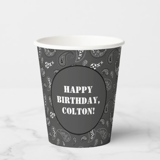 チャコールグレーウエスタンバンダナプリント誕生日パーティー 紙コップ (正面)