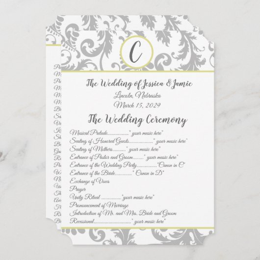 チャコールグレーダマスクイエロートリム結婚式 プログラム (正面/裏面)