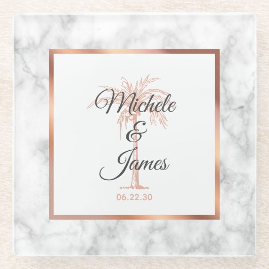 チャコールグレーバラ金ゴールドパームツリーマ結婚ーブルズ ガラスコースター (正面)