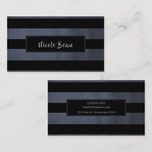 チャコールグレーブルーブラックストライプシックラモダンーム 名刺 (正面/裏面)