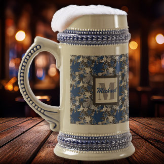 チャコールグレー背景の青いカエルの葉 ビールジョッキ
