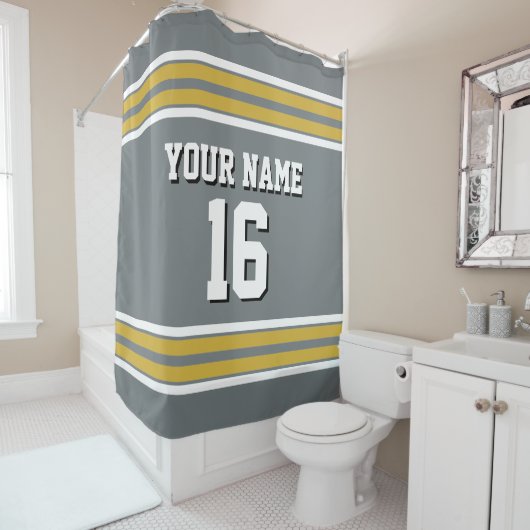 チャコールグレー金ゴールドホワイトストライプスポーツジャージー シャワーカーテン (インサイチュ)