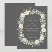 チャコールグレー+アイボリー+クリーム色のリースの結婚式 招待状 (正面/裏面)